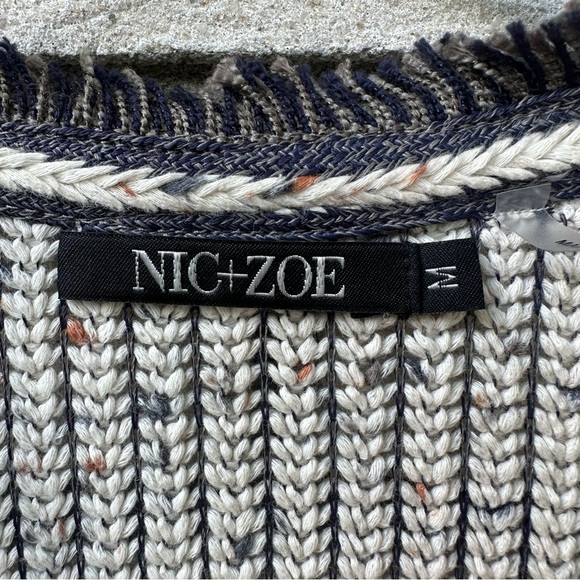 NIC+ZOE Fringe Trim Open Front Textured Knit Jacket Medium Charcoal Cream - Picture 3 of 8